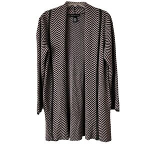 Joan Vass Long Cardigan, Sz. L, Mauve/Gray, Chevron Design, Has Pockets
